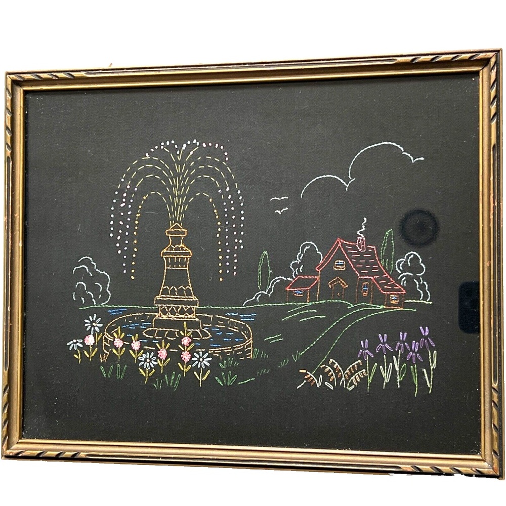 Handmade Embroidered Water Fountain Cabin Flowers Framed Art on Black Vintage